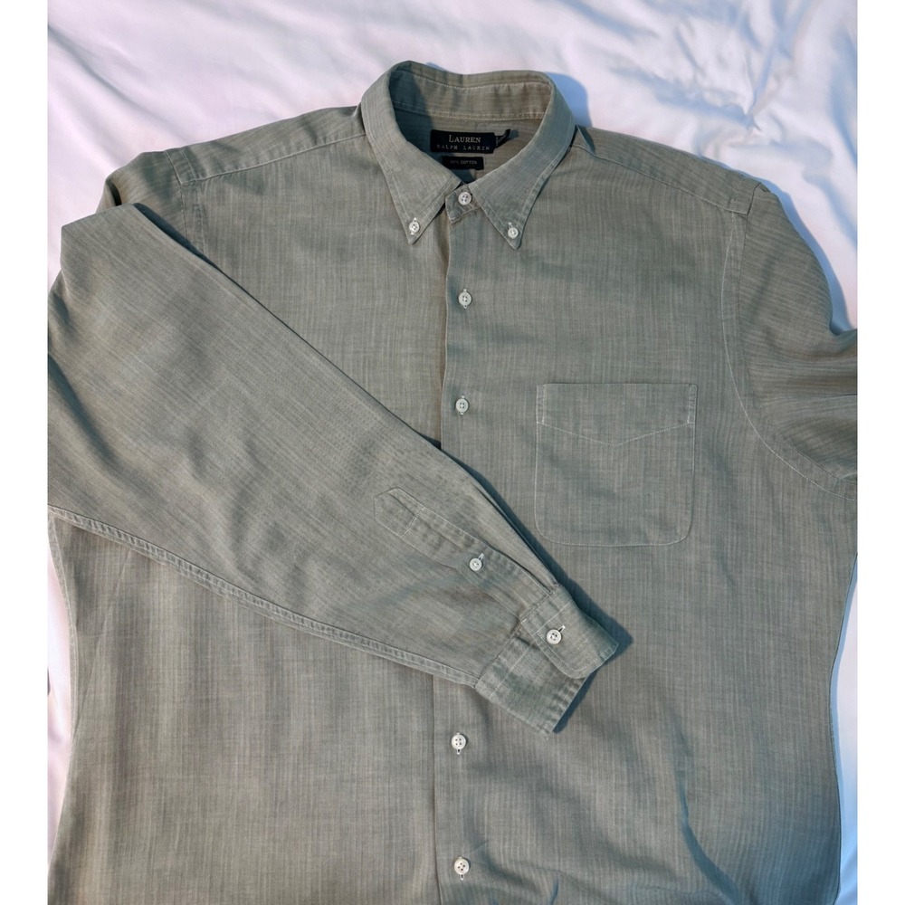 Lauren Ralph Lauren Mens 18.5 36/37 Sage Green Herringbone Cotton Button Down